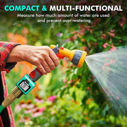 Water Flow Meter with Brass Inlet Metal Thread, Measure Gallon/Liter Consumption and Flow Rate for Outdoor Garden Hose Watering, RV Water Tank Filling, Lawn Sprinkler and Nozzle Sprayer