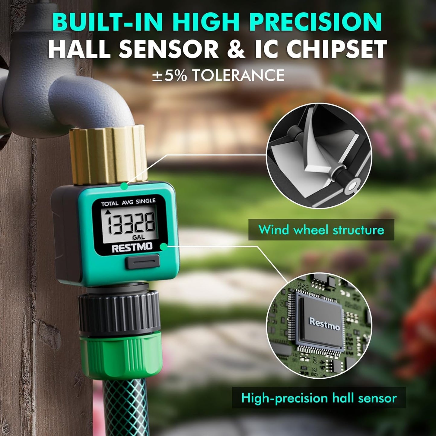 Water Flow Meter with Brass Inlet Metal Thread, Measure Gallon/Liter Consumption and Flow Rate for Outdoor Garden Hose Watering, RV Water Tank Filling, Lawn Sprinkler and Nozzle Sprayer