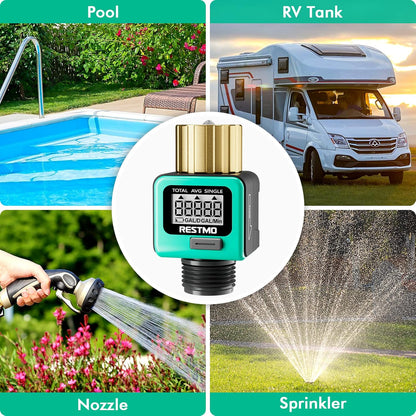 Water Flow Meter with Brass Inlet Metal Thread, Measure Gallon/Liter Consumption and Flow Rate for Outdoor Garden Hose Watering, RV Water Tank Filling, Lawn Sprinkler and Nozzle Sprayer