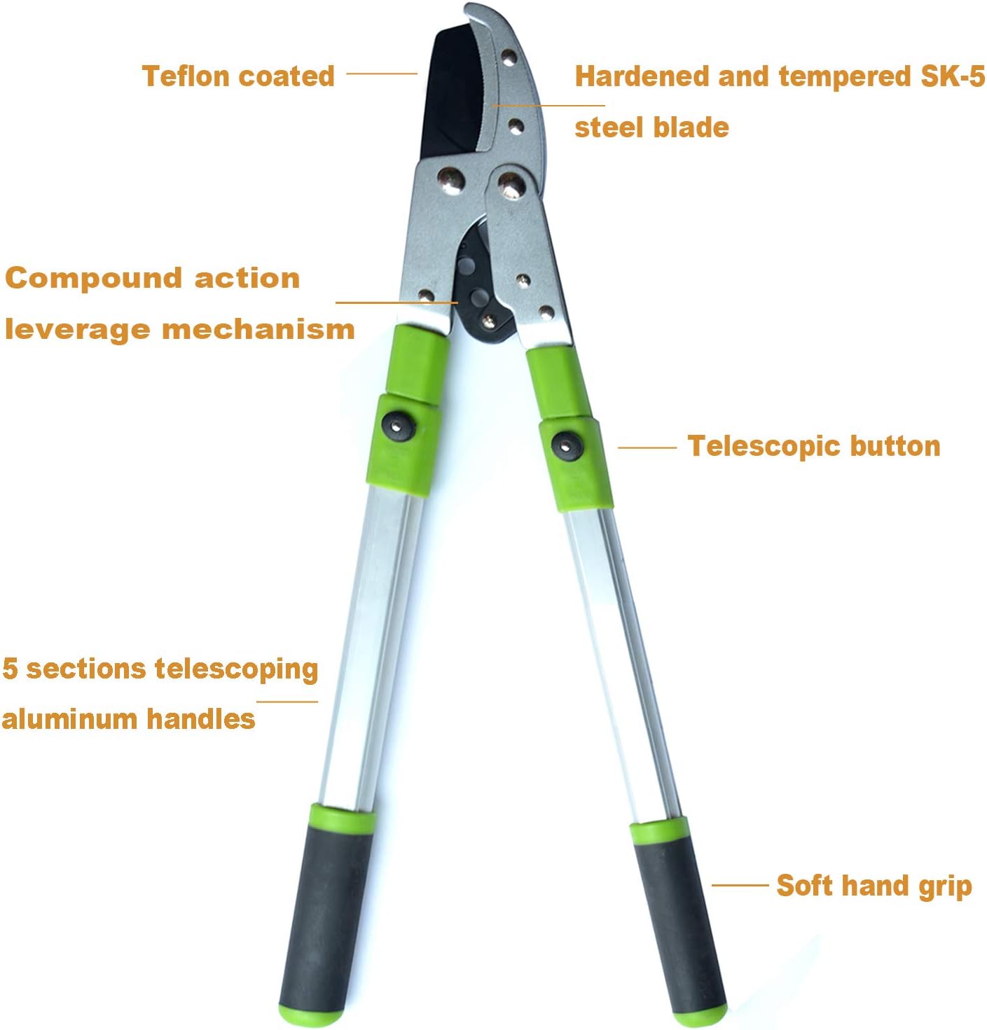 Bypass Lopper with Extendable, Anvil Lopper Heavy Duty, Tree Trimmer Telescopic 26-41 Inch, Garden Pruner 5 Sections Handle Adjustment, Branch Cutter with 2 Inch Cut Capacity