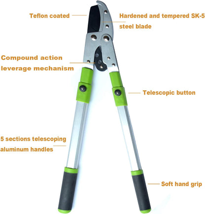 Bypass Lopper with Extendable, Anvil Lopper Heavy Duty, Tree Trimmer Telescopic 26-41 Inch, Garden Pruner 5 Sections Handle Adjustment, Branch Cutter with 2 Inch Cut Capacity