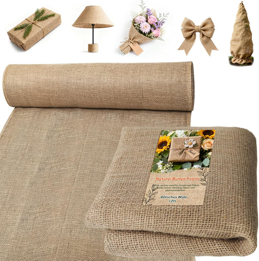 Burlap Fabrics Roll Natural Jute Burlap Garden Tree Wrap Outdoor Weed Barrier DIY Fall Halloween Craft Winter Frost Plant Landscape Blankets Cloth for Plant Gardening Shrubs (60in*12ft)