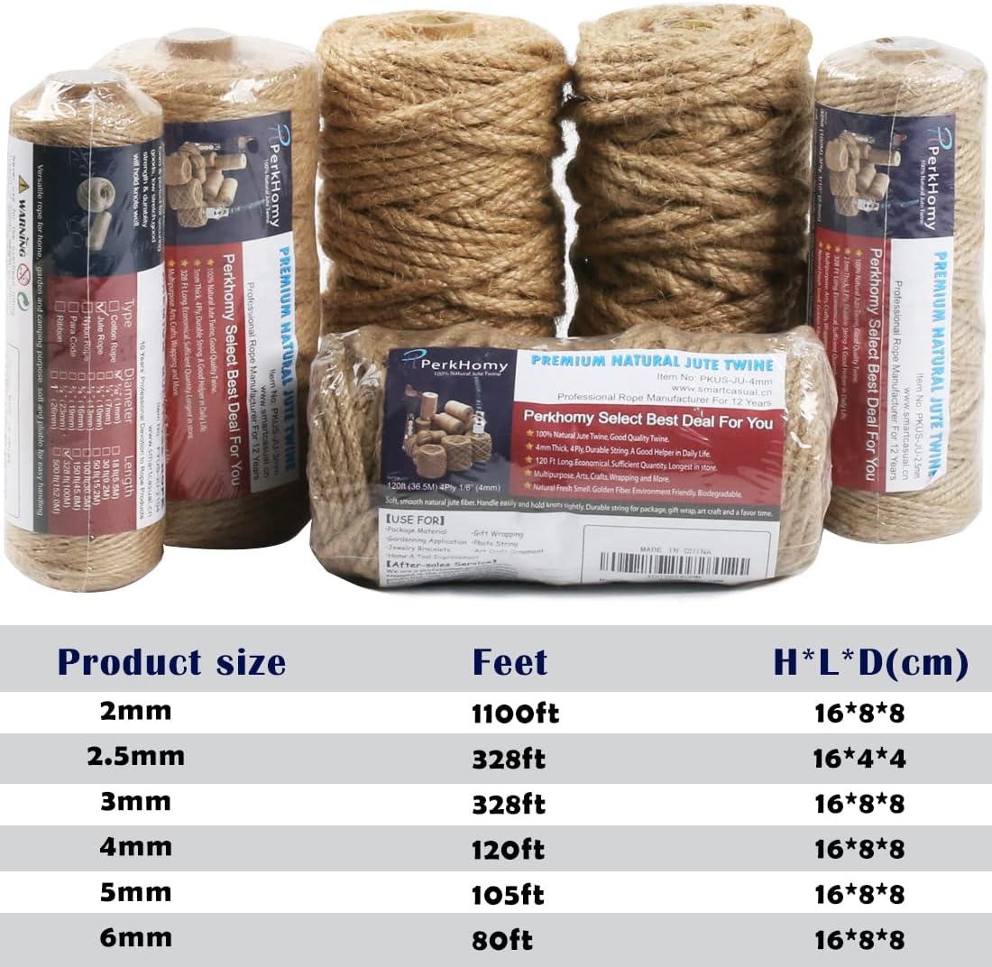 5mm Jute Rope 105 Feet Twisted Heavy Duty and Thick Twine Rope for Cat Scratcher Scratching Post Tree Craft Projects Gardening Home Decoration Packing Bundling (105FT * 5mm)