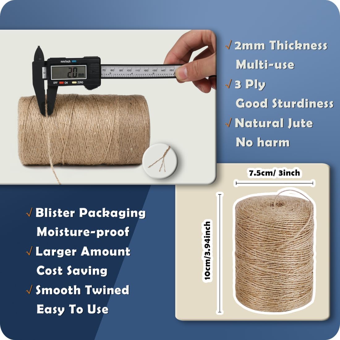 5mm Jute Rope 105 Feet Twisted Heavy Duty and Thick Twine Rope for Cat Scratcher Scratching Post Tree Craft Projects Gardening Home Decoration Packing Bundling (105FT * 5mm)