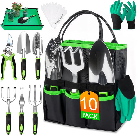Garden Tools Set, 10 PCS Heavy Duty Gardening Hand Tools Kit, Green
