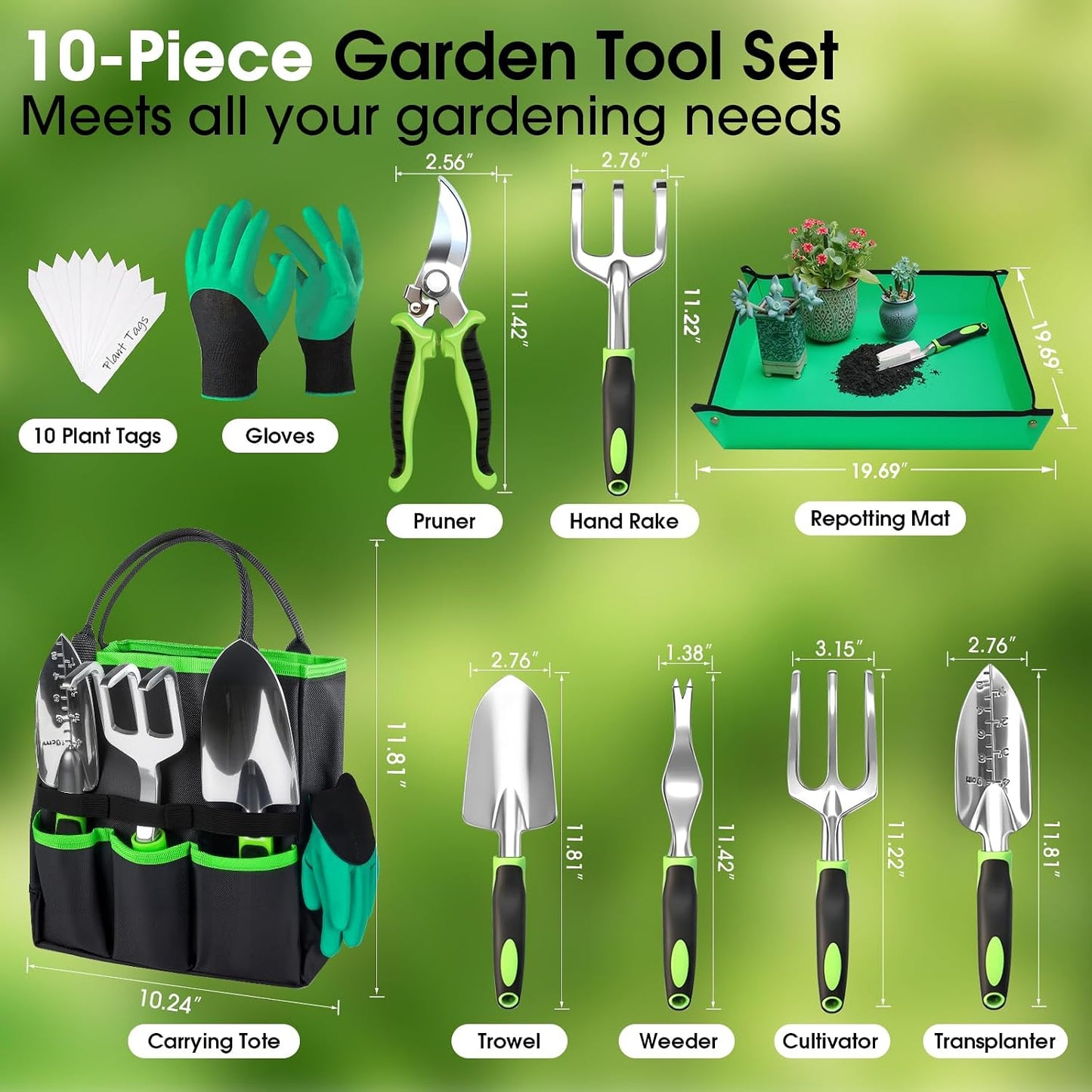 Garden Tools Set, 10 PCS Heavy Duty Gardening Hand Tools Kit, Green