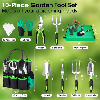 Garden Tools Set, 10 PCS Heavy Duty Gardening Hand Tools Kit, Green