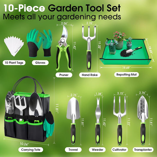 Garden Tools Set, 10 PCS Heavy Duty Gardening Hand Tools Kit, Green
