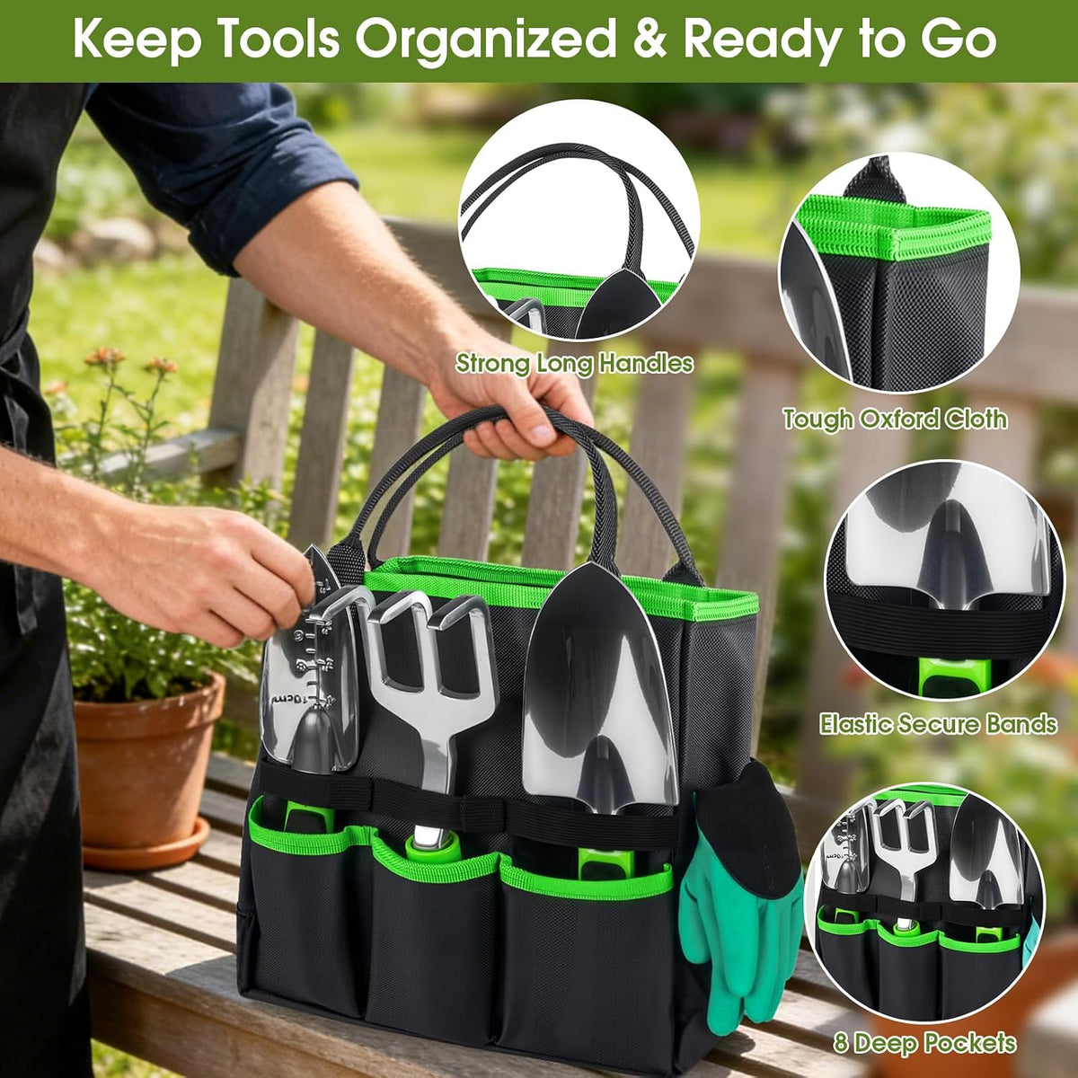 Garden Tools Set, 10 PCS Heavy Duty Gardening Hand Tools Kit, Green