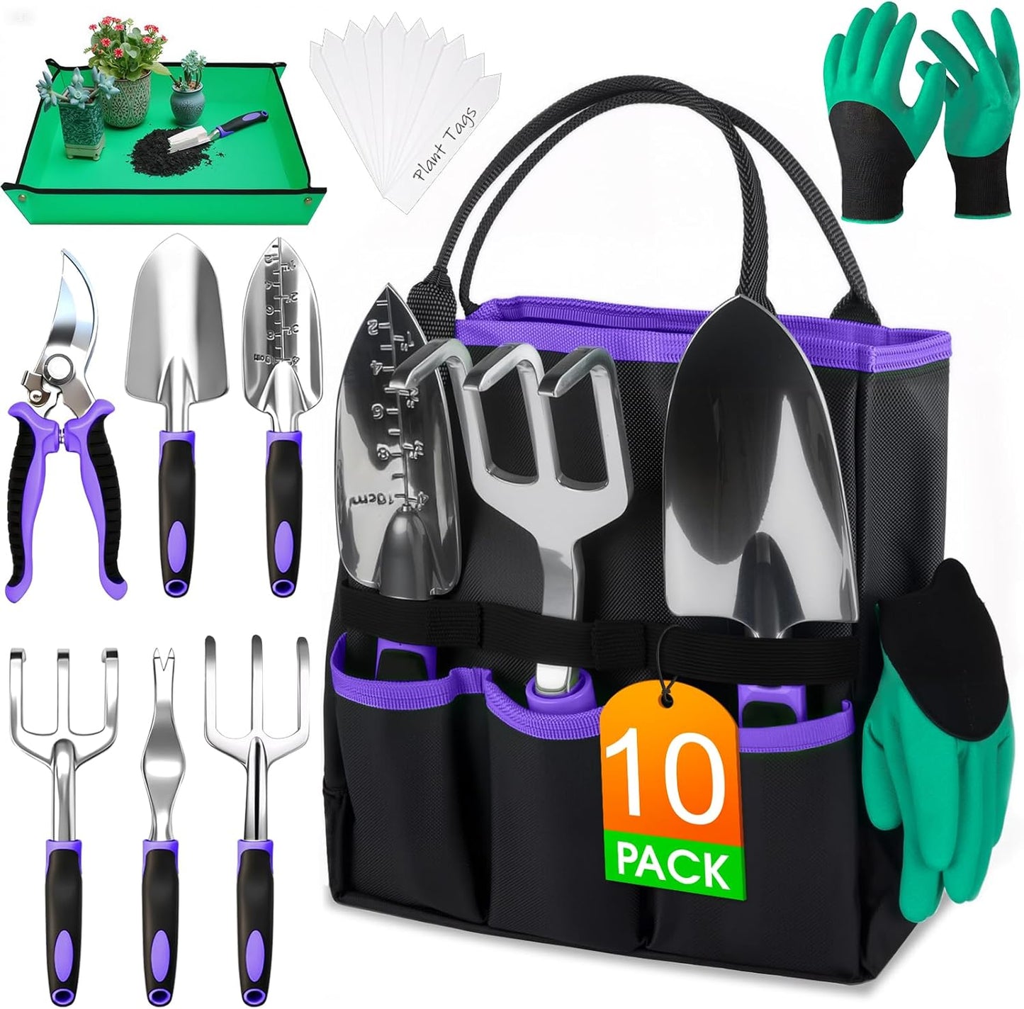Garden Tools Set, 10 PCS Heavy Duty Gardening Hand Tools Kit, Green
