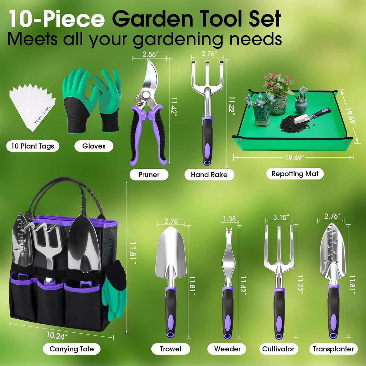 Garden Tools Set, 10 PCS Heavy Duty Gardening Hand Tools Kit, Green
