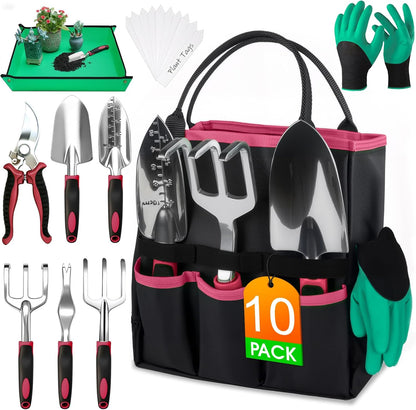 Garden Tools Set, 10 PCS Heavy Duty Gardening Hand Tools Kit, Green