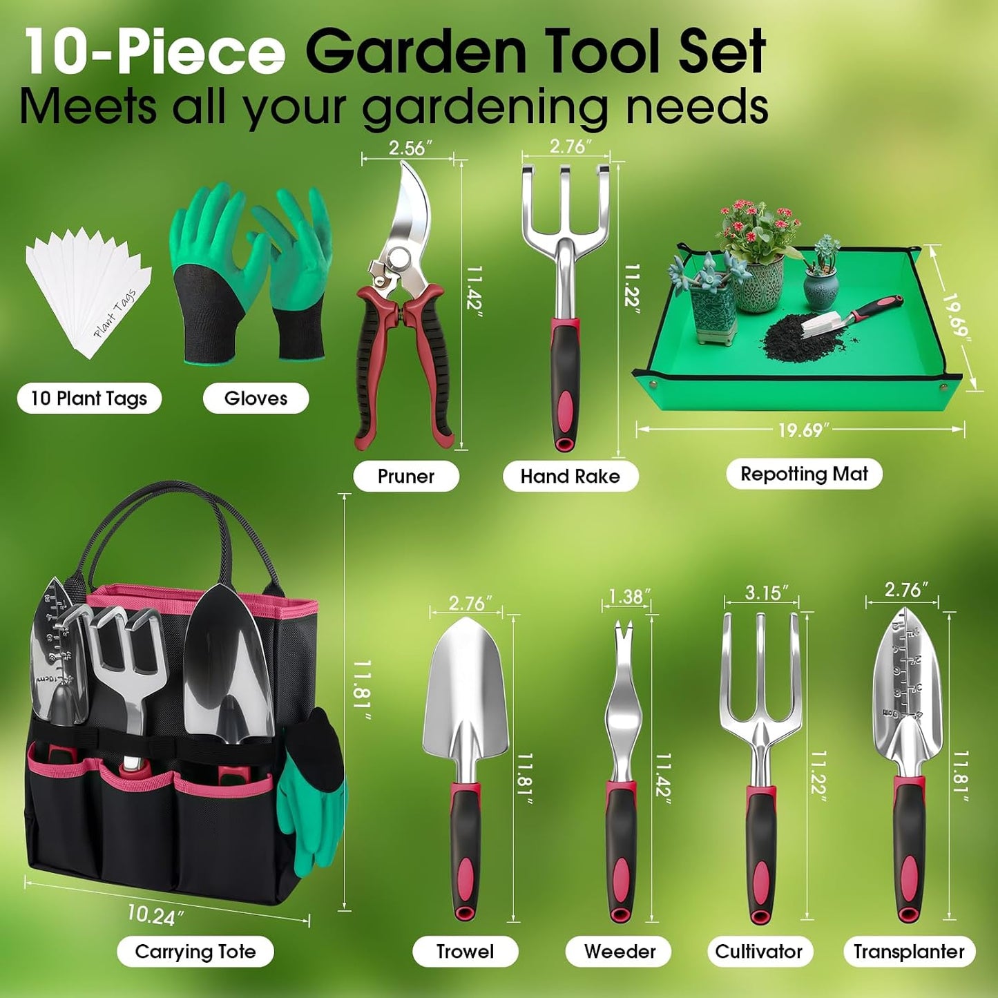 Garden Tools Set, 10 PCS Heavy Duty Gardening Hand Tools Kit, Green