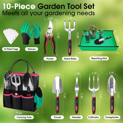 Garden Tools Set, 10 PCS Heavy Duty Gardening Hand Tools Kit, Green