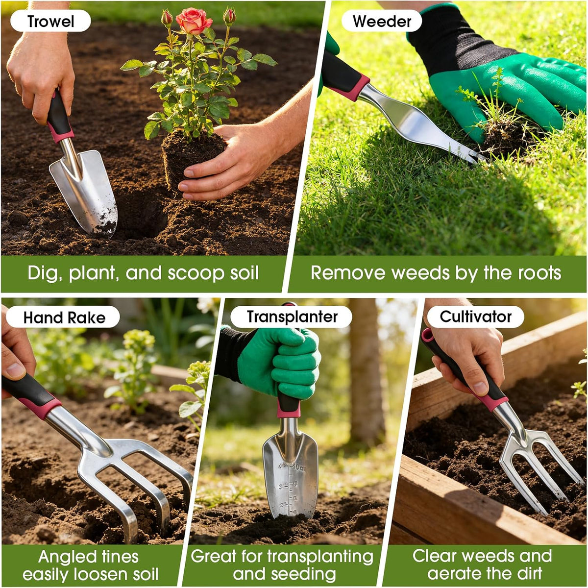 Garden Tools Set, 10 PCS Heavy Duty Gardening Hand Tools Kit, Green