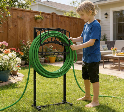 Portable Garden Hose Holder with Storage Basket - Heavy-Duty Freestanding Steel Stand, Holds 150FT Hose, Black Powder-Coated Finish, Detachable & Space-Saving Design with Tools