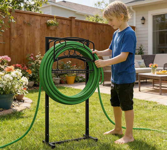Portable Garden Hose Holder with Storage Basket - Heavy-Duty Freestanding Steel Stand, Holds 150FT Hose, Black Powder-Coated Finish, Detachable & Space-Saving Design with Tools