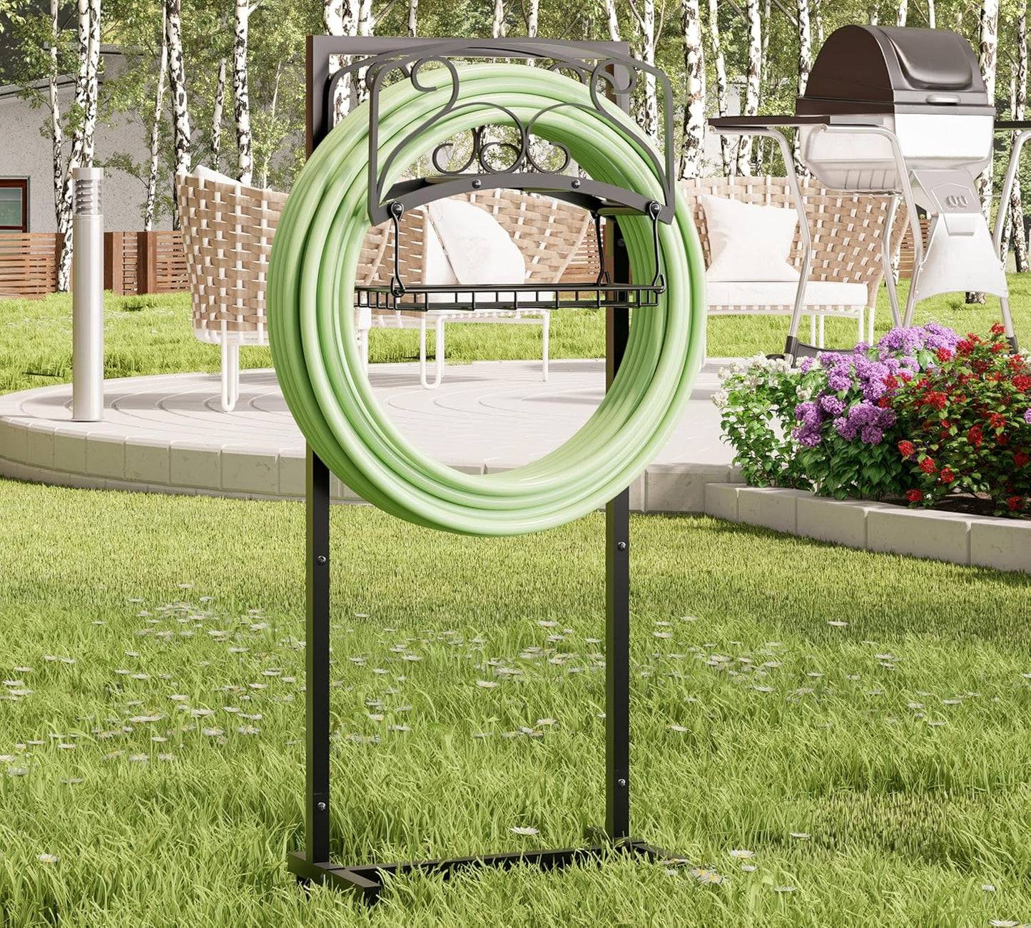 Portable Garden Hose Holder with Storage Basket - Heavy-Duty Freestanding Steel Stand, Holds 150FT Hose, Black Powder-Coated Finish, Detachable & Space-Saving Design with Tools