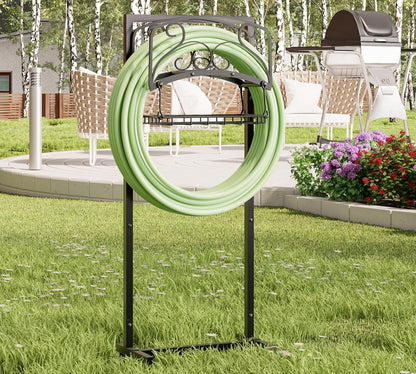 Portable Garden Hose Holder with Storage Basket - Heavy-Duty Freestanding Steel Stand, Holds 150FT Hose, Black Powder-Coated Finish, Detachable & Space-Saving Design with Tools