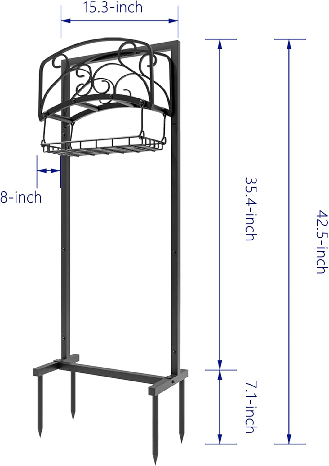 Portable Garden Hose Holder with Storage Basket - Heavy-Duty Freestanding Steel Stand, Holds 150FT Hose, Black Powder-Coated Finish, Detachable & Space-Saving Design with Tools