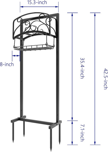 Portable Garden Hose Holder with Storage Basket - Heavy-Duty Freestanding Steel Stand, Holds 150FT Hose, Black Powder-Coated Finish, Detachable & Space-Saving Design with Tools