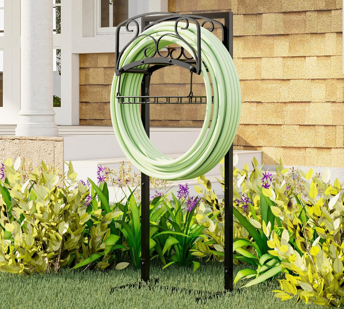 Portable Garden Hose Holder with Storage Basket - Heavy-Duty Freestanding Steel Stand, Holds 150FT Hose, Black Powder-Coated Finish, Detachable & Space-Saving Design with Tools
