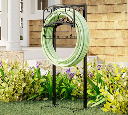 Portable Garden Hose Holder with Storage Basket - Heavy-Duty Freestanding Steel Stand, Holds 150FT Hose, Black Powder-Coated Finish, Detachable & Space-Saving Design with Tools