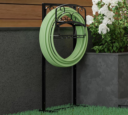 Portable Garden Hose Holder with Storage Basket - Heavy-Duty Freestanding Steel Stand, Holds 150FT Hose, Black Powder-Coated Finish, Detachable & Space-Saving Design with Tools