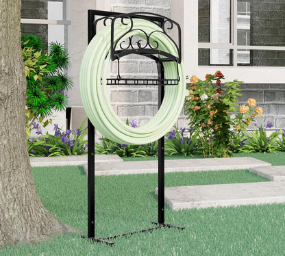 Portable Garden Hose Holder with Storage Basket - Heavy-Duty Freestanding Steel Stand, Holds 150FT Hose, Black Powder-Coated Finish, Detachable & Space-Saving Design with Tools