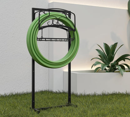 Portable Garden Hose Holder with Storage Basket - Heavy-Duty Freestanding Steel Stand, Holds 150FT Hose, Black Powder-Coated Finish, Detachable & Space-Saving Design with Tools