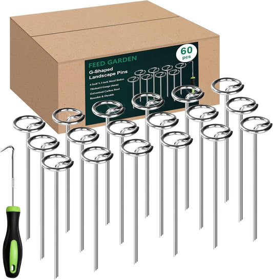 Heavy Duty Landscape Fabric Pins 8 Gauge 60 Pack with Pick Hook, 6 Inch Galvanized Round Head Garden Stakes for Weed Barrier Fabric, Turf, Sod, Tent, Garden Edging & Hard Soil