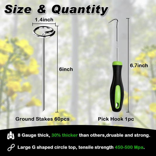 Heavy Duty Landscape Fabric Pins 8 Gauge 60 Pack with Pick Hook, 6 Inch Galvanized Round Head Garden Stakes for Weed Barrier Fabric, Turf, Sod, Tent, Garden Edging & Hard Soil