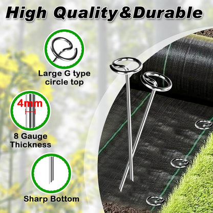 Heavy Duty Landscape Fabric Pins 8 Gauge 60 Pack with Pick Hook, 6 Inch Galvanized Round Head Garden Stakes for Weed Barrier Fabric, Turf, Sod, Tent, Garden Edging & Hard Soil