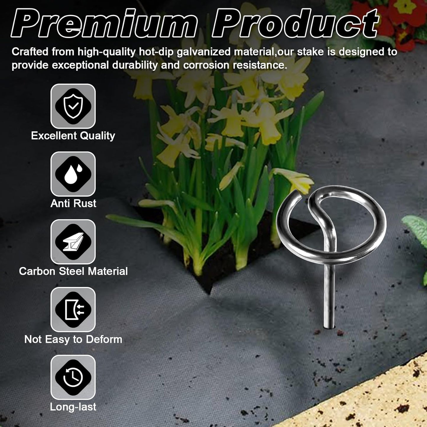 Heavy Duty Landscape Fabric Pins 8 Gauge 60 Pack with Pick Hook, 6 Inch Galvanized Round Head Garden Stakes for Weed Barrier Fabric, Turf, Sod, Tent, Garden Edging & Hard Soil