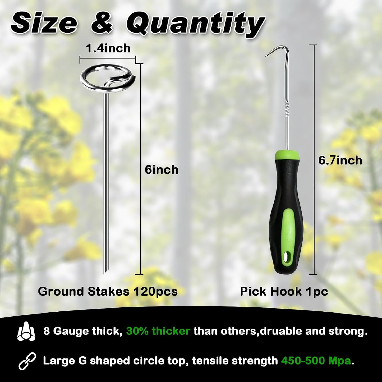 Heavy Duty Landscape Fabric Pins 8 Gauge 60 Pack with Pick Hook, 6 Inch Galvanized Round Head Garden Stakes for Weed Barrier Fabric, Turf, Sod, Tent, Garden Edging & Hard Soil