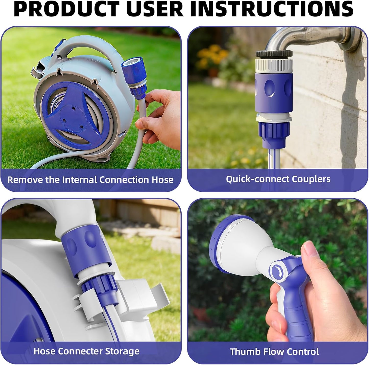 Retractable Garden Hose Reel 1/2 Inch x 50 FT | Heavy Duty Rewind Wall Mount Hose Holder with 10-Pattern Spray Nozzle for Garden Watering, Car & Boat Washing, Pet Cleaning