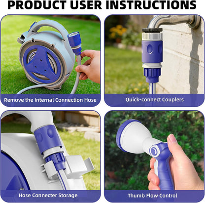 Retractable Garden Hose Reel 1/2 Inch x 50 FT | Heavy Duty Rewind Wall Mount Hose Holder with 10-Pattern Spray Nozzle for Garden Watering, Car & Boat Washing, Pet Cleaning
