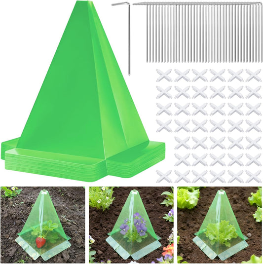 Reusable Plastic Garden Cloches, 7.8" x 11" Mini Greenhouse, 1.2mm Thick Clear Bell Covers with Metal Stakes Against Sun, Frost, Snails, Plant Protector (40pcs-Green)