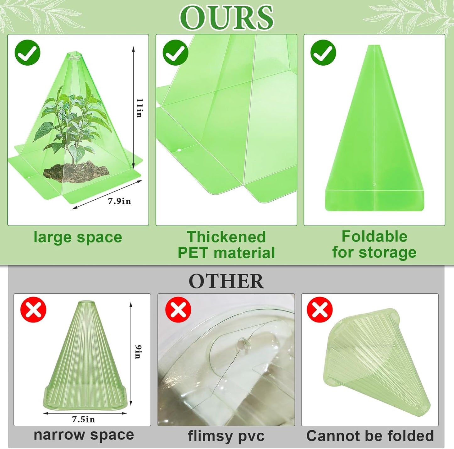 Reusable Plastic Garden Cloches, 7.8" x 11" Mini Greenhouse, 1.2mm Thick Clear Bell Covers with Metal Stakes Against Sun, Frost, Snails, Plant Protector (40pcs-Green)