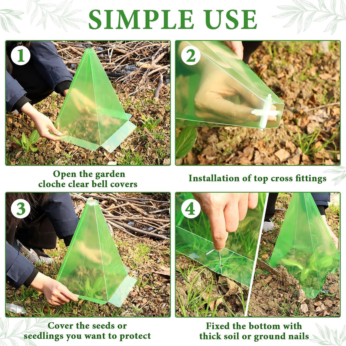 Reusable Plastic Garden Cloches, 7.8" x 11" Mini Greenhouse, 1.2mm Thick Clear Bell Covers with Metal Stakes Against Sun, Frost, Snails, Plant Protector (40pcs-Green)