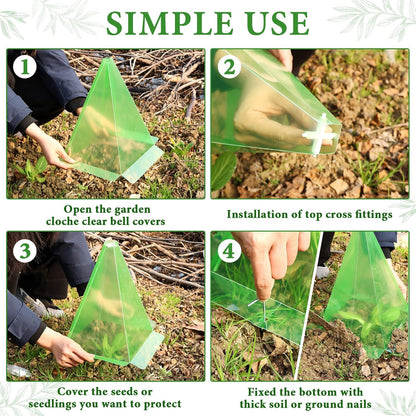 Reusable Plastic Garden Cloches, 7.8" x 11" Mini Greenhouse, 1.2mm Thick Clear Bell Covers with Metal Stakes Against Sun, Frost, Snails, Plant Protector (40pcs-Green)