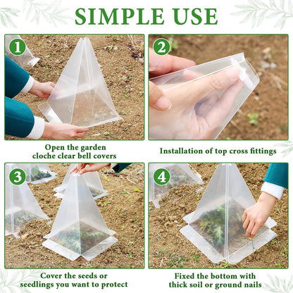 Reusable Plastic Garden Cloches, 7.8" x 11" Mini Greenhouse, 1.2mm Thick Clear Bell Covers with Metal Stakes Against Sun, Frost, Snails, Plant Protector (40pcs-Green)
