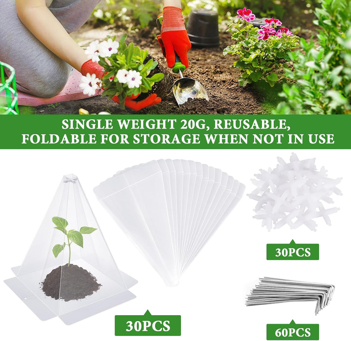 Reusable Plastic Garden Cloches, 7.8" x 11" Mini Greenhouse, 1.2mm Thick Clear Bell Covers with Metal Stakes Against Sun, Frost, Snails, Plant Protector (40pcs-Green)
