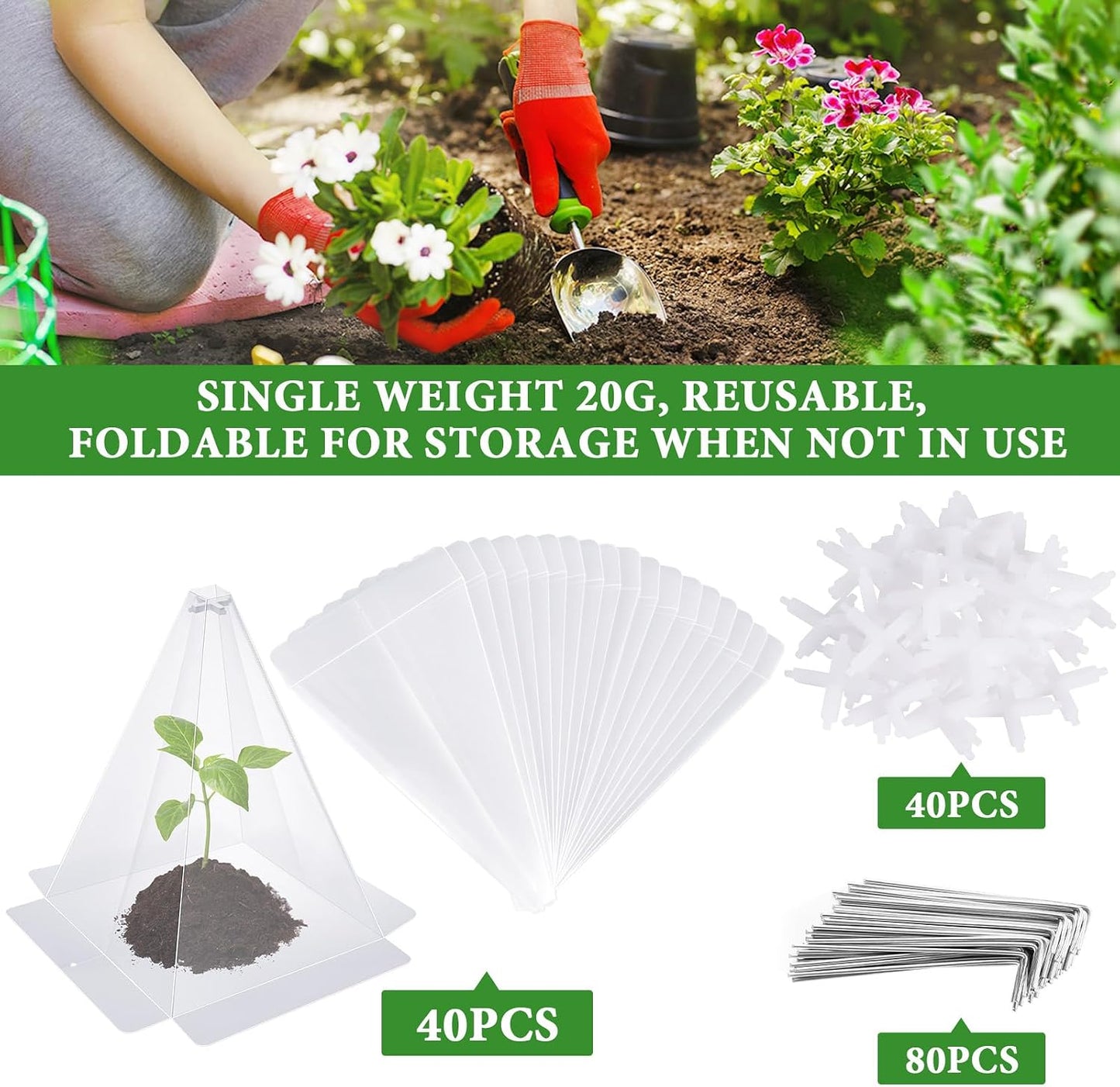Reusable Plastic Garden Cloches, 7.8" x 11" Mini Greenhouse, 1.2mm Thick Clear Bell Covers with Metal Stakes Against Sun, Frost, Snails, Plant Protector (40pcs-Green)