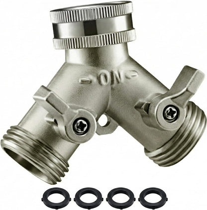 Garden Hose Splitter, Nickel Plated Solid Brass 2 Way Tap, Heavy Duty Y Way Hose Splitter, 3/4" Hose Tap Connector, 100% Metal Outdoor Garden Hose Splitter, Hose Spigot Adapter with 2 Valves