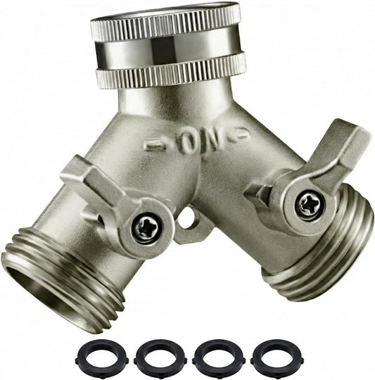 Garden Hose Splitter, Nickel Plated Solid Brass 2 Way Tap, Heavy Duty Y Way Hose Splitter, 3/4" Hose Tap Connector, 100% Metal Outdoor Garden Hose Splitter, Hose Spigot Adapter with 2 Valves