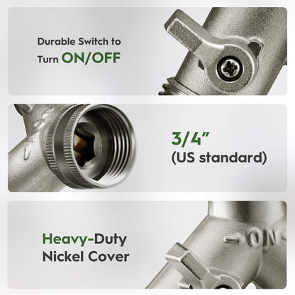 Garden Hose Splitter, Nickel Plated Solid Brass 2 Way Tap, Heavy Duty Y Way Hose Splitter, 3/4" Hose Tap Connector, 100% Metal Outdoor Garden Hose Splitter, Hose Spigot Adapter with 2 Valves