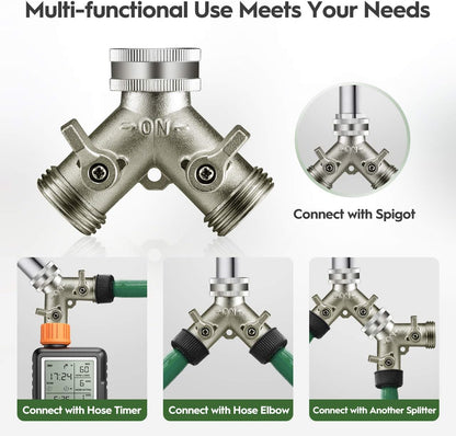 Garden Hose Splitter, Nickel Plated Solid Brass 2 Way Tap, Heavy Duty Y Way Hose Splitter, 3/4" Hose Tap Connector, 100% Metal Outdoor Garden Hose Splitter, Hose Spigot Adapter with 2 Valves