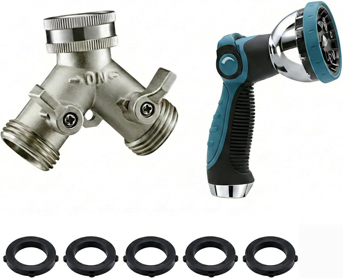 Garden Hose Splitter, Nickel Plated Solid Brass 2 Way Tap, Heavy Duty Y Way Hose Splitter, 3/4" Hose Tap Connector, 100% Metal Outdoor Garden Hose Splitter, Hose Spigot Adapter with 2 Valves