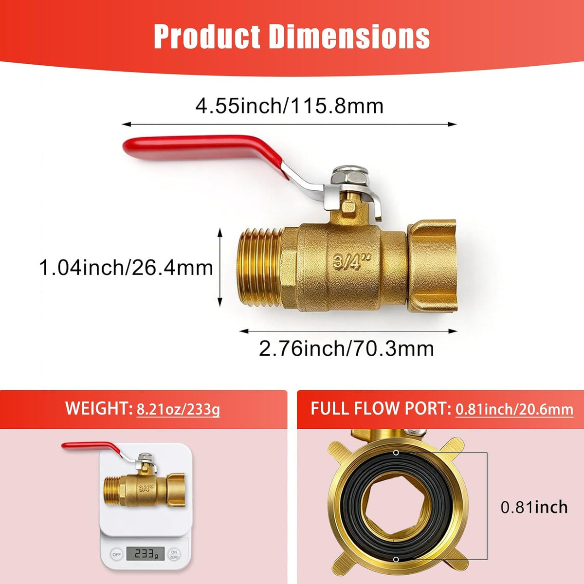 Hose Splitter 2 Way Heavy Duty, 3/4 Inch GHT Thread Y Valve Connector with Stainless Steel Long Handle, Full Flow Garden Brass Hose Splitter for Outdoor Watering, Irrigation, Washing